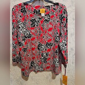 Women's Ruby Rd. Red and Black Floral Printed 3/4 Sleeve Top w/ Rivet Detail